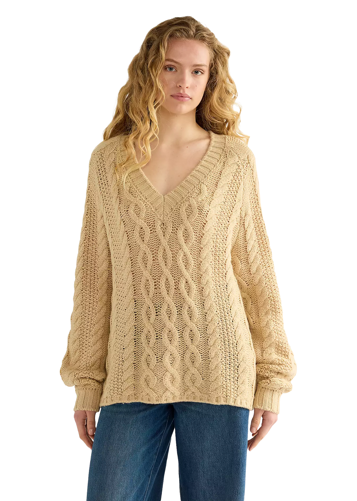 Wrangler Maglia da donna scollo a V Relaxed Cable Knit beige