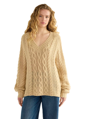 Wrangler Maglia da donna scollo a V Relaxed Cable Knit beige