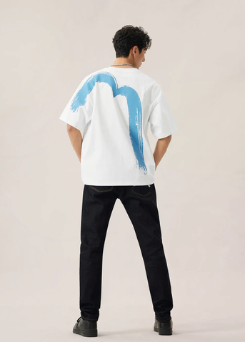 Evisu T-Shirt da uomo manica corta Hand Brush Daicocock bianca