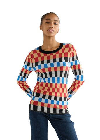 Maglione girocollo in maglia sottile con motivo a scacchi Starting Line 112386759
